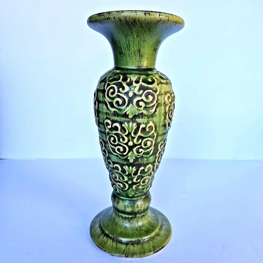 Vintage Pier 1 Imports Green Crackle Glaze Scroll Pillar Candle Holder 12